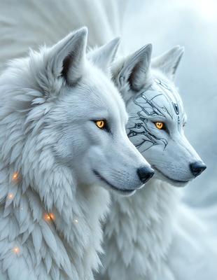 The primary subject of the image is a pair of white wolves with yellow eyes. They are standing next to each other, and their eyes are glowing. The wolves are the main focus of the image, and they are the primary subjects. The setting is a snowy environment, with a white background that complements the wolves' white fur. The visual style is a combination of photo and digital art, creating a unique and eye-catching image. The colors and mood of the image are predominantly white, with